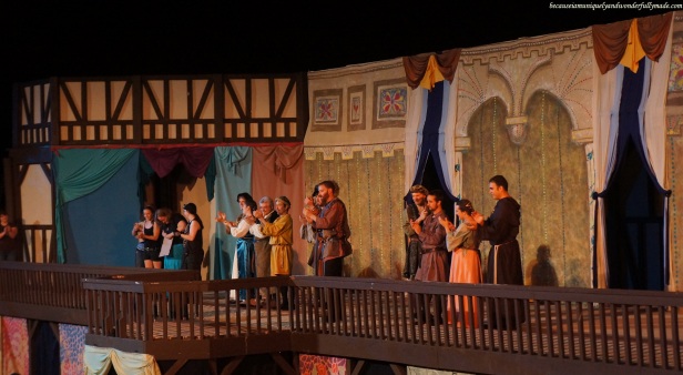 The entire cast of Much Ado About Nothing, a play under the stars in an open outdoor theatre in Asheville, North Carolina.