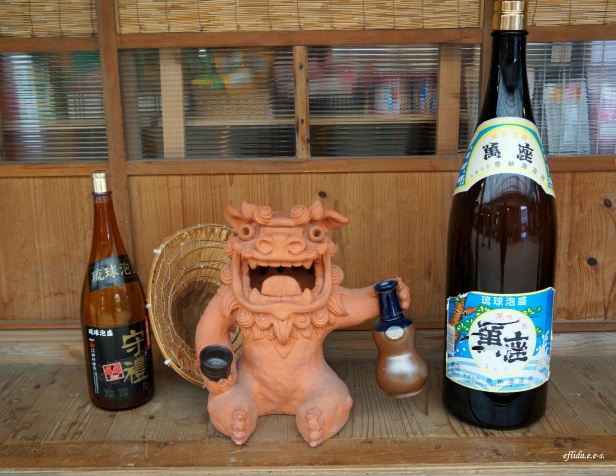 A display of Shisa and Sake at Ryukyu Mura in Okinawa, Japan.