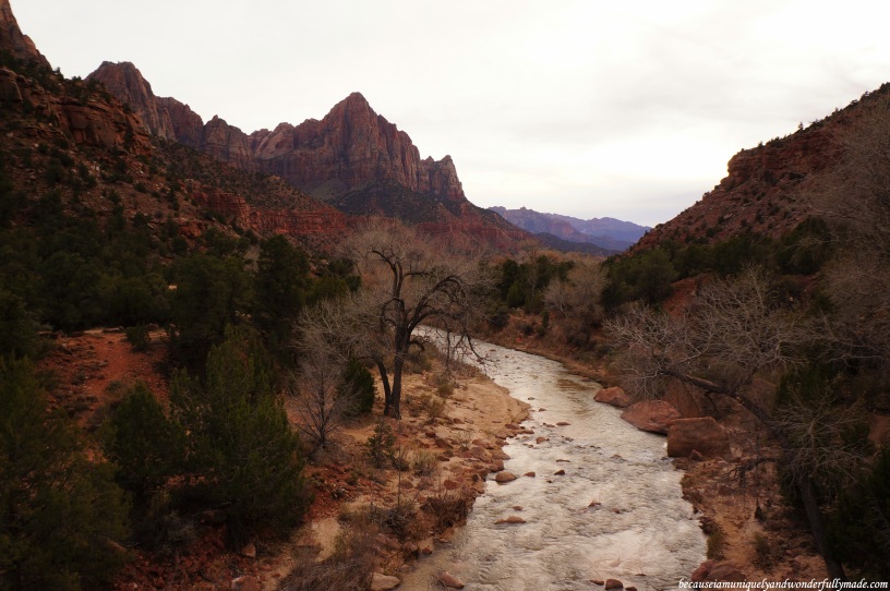 View of the Virgin River and the Watchman from the Canyon Junction Bridge at Zion National Park in Springdale, Utah.