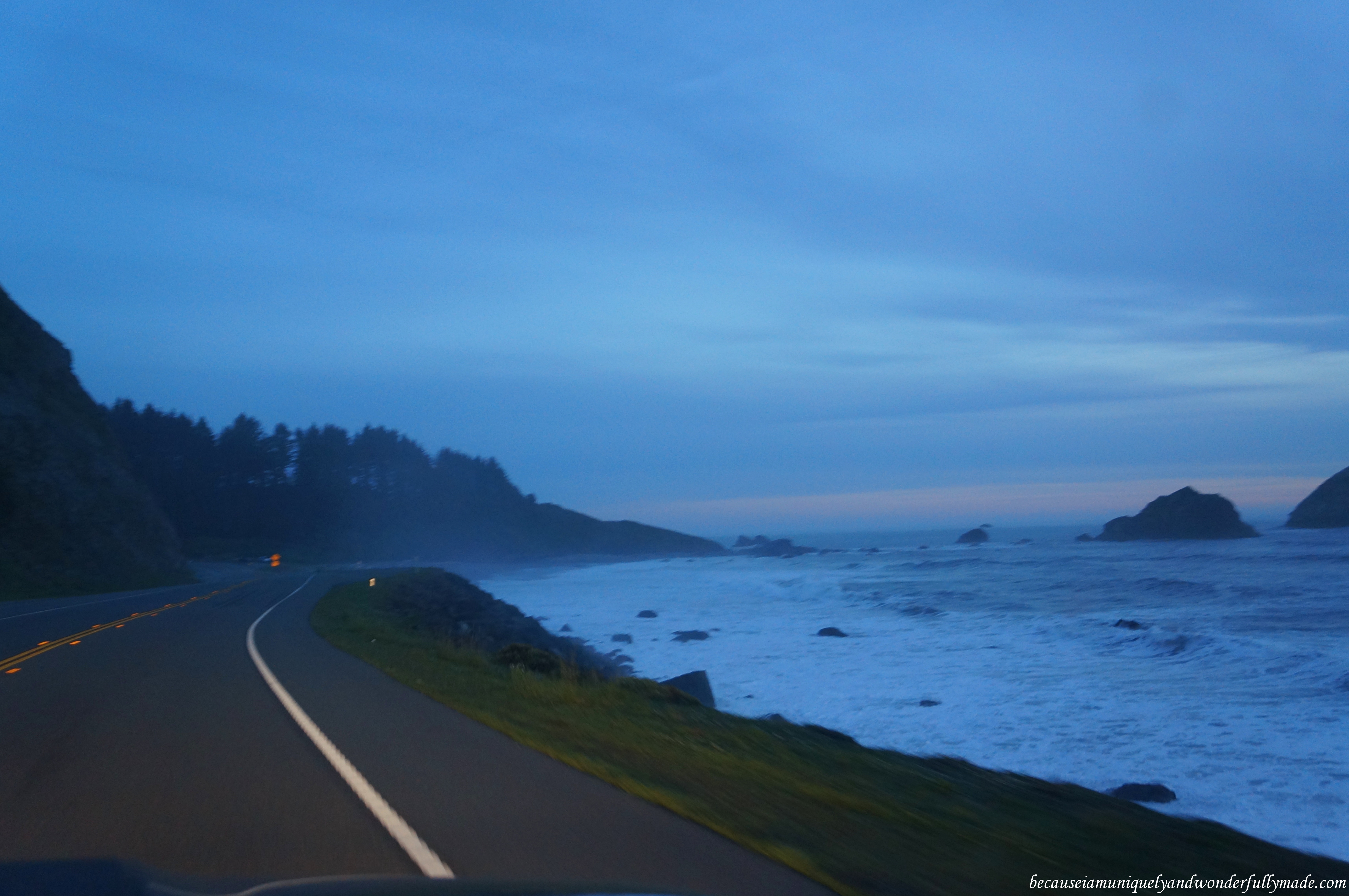 Heading back to our hotel after a long day at Redwood National and State Parks. Highway 101 at dusk is inspiring.