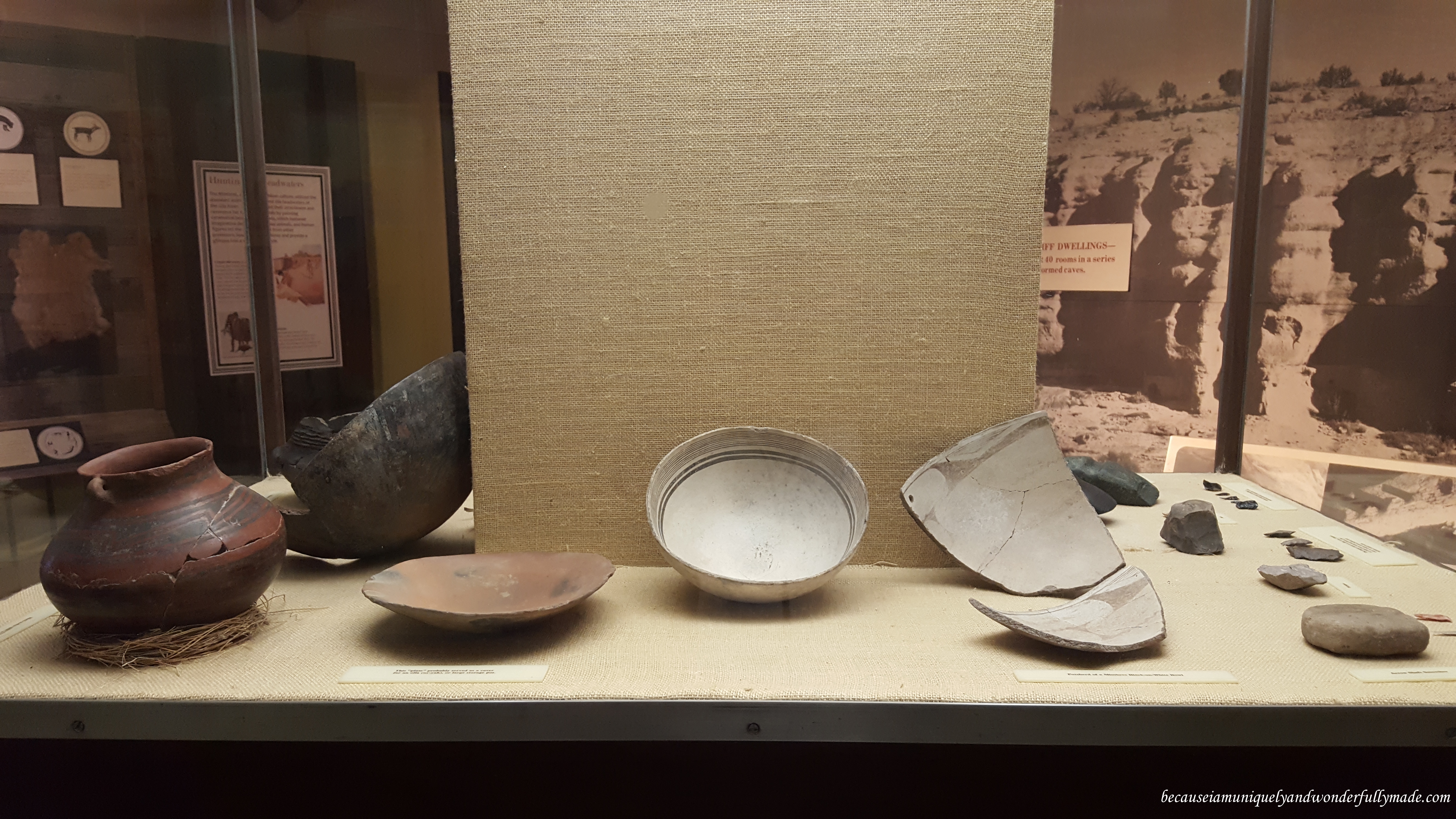 Some of the hand made pottery exhibits at Gila Visitor Center crafted by Zuni, Apache, Hopi, and other regional tribes. 